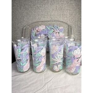 Set Of 8 Vintage 70s/80s Culver Encounters Pink Blue Floral Acrylic Glasses Tray